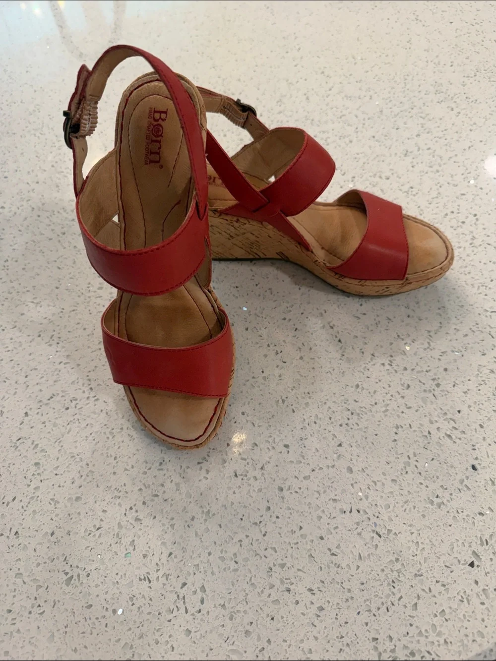 Born Red Leather Cork Wedge Sandals